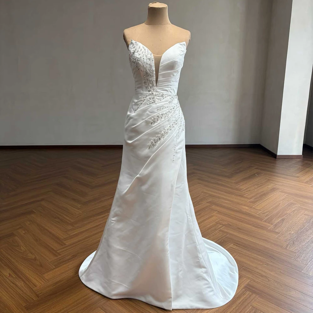 Satin Mermaid Wedding Dress With Detachable Train Deep V Neckline Beading Crystal Lace Vestido De Novia Para Boda