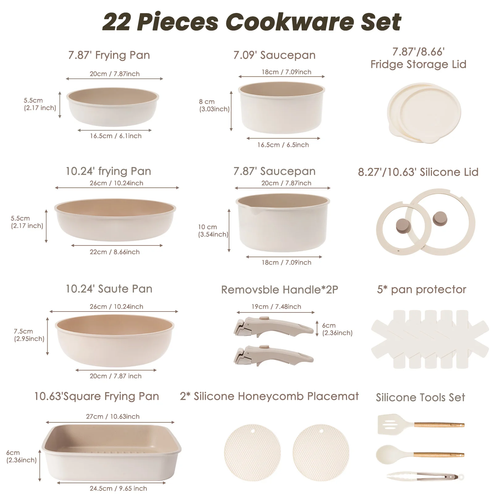 22 pieces, non-stick, induction, dishwasher and oven safe, khaki. Great gift for Christmas and Halloween.KIKCOIN.