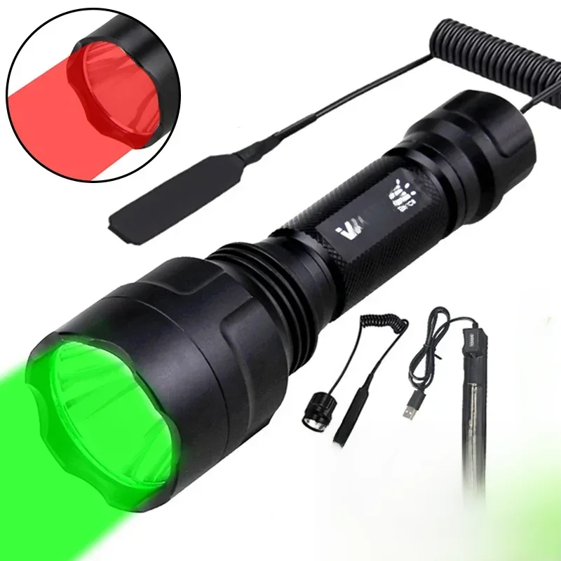 Taktyczna latarka myśliwska LED zielona/czerwona/biała latarka USB akumulator 350 lm 600-800 jardów zasięg C8 strzelanie zestaw świateł skautów — 2