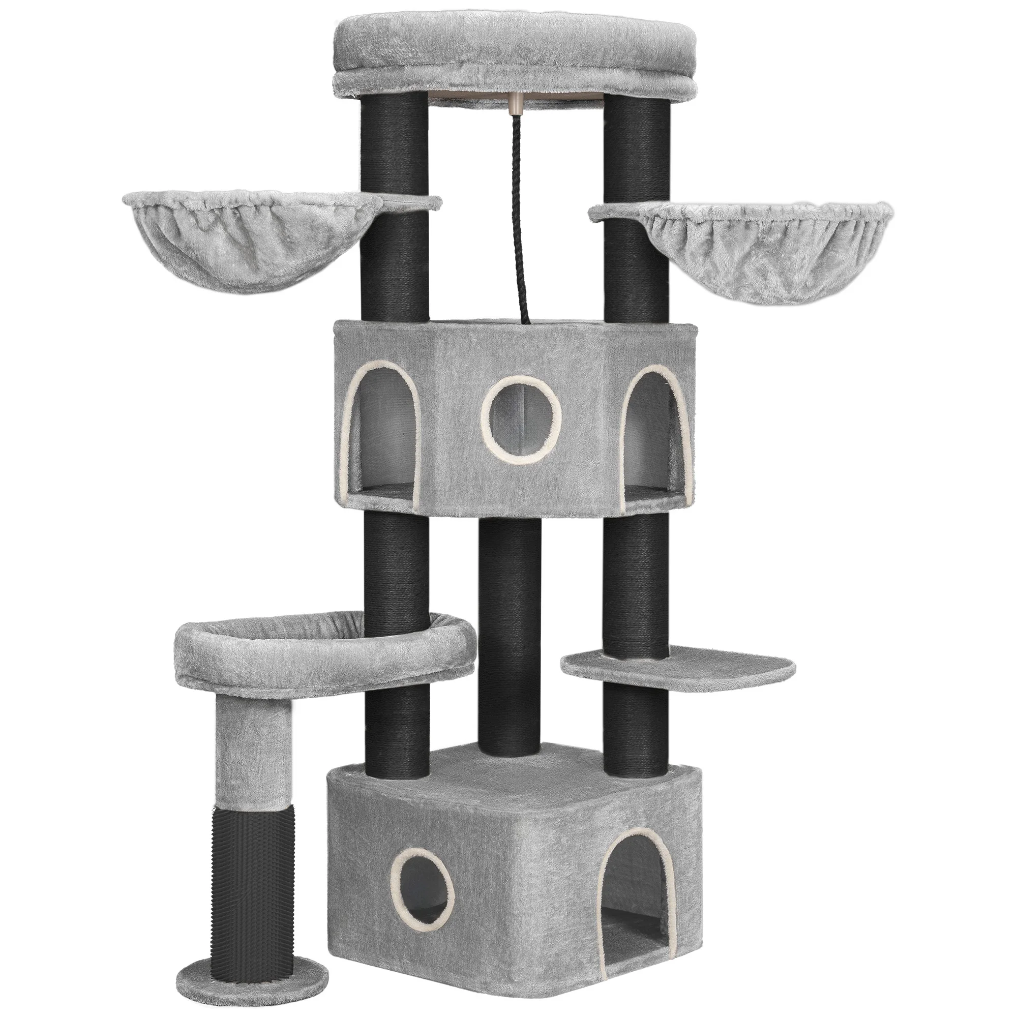 163 cm dikke sisal krabpalen, voor grote katten, 2 holletjes, ruim platform, pluche bal, meerlaags krabpaal, lichtgrijs - afbeelding 2