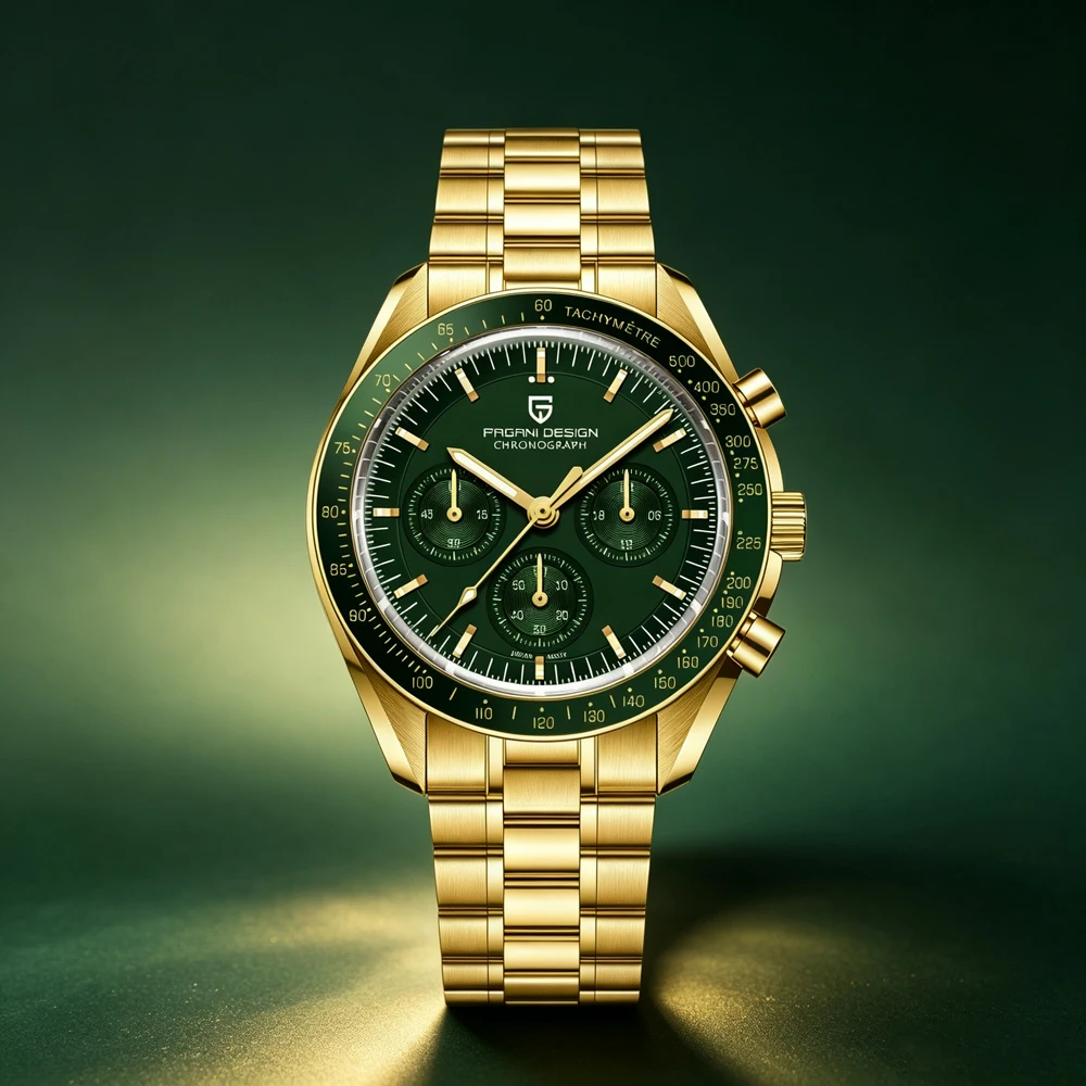 2026 Neue PAGANI DESIGN V6 Moon Herrenuhren Gold Luxus Speed Sport Chronograph Uhr für Herren Quarz Armbanduhren Leuchtend Wasserdicht AR Saphirglas Keramiklünette Edelstahl Herren Geschenk Uhr