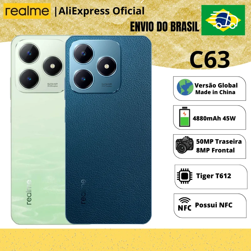 Celular Realme C63 128/6GB | Lançamento 2024 | Smartphone 4G, ROM Global, Processador Unisoc Tiger T612, Carregador 45W