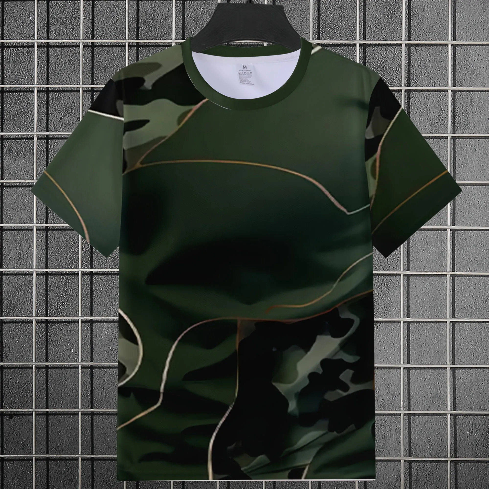 Herren Taktisches Sport-T-Shirt Dunkel-Oliv Camo Curve Line Print Hochelastisch Schnelltrocknend Camping Fitness Kurzarm-Oberteil – Detail 4