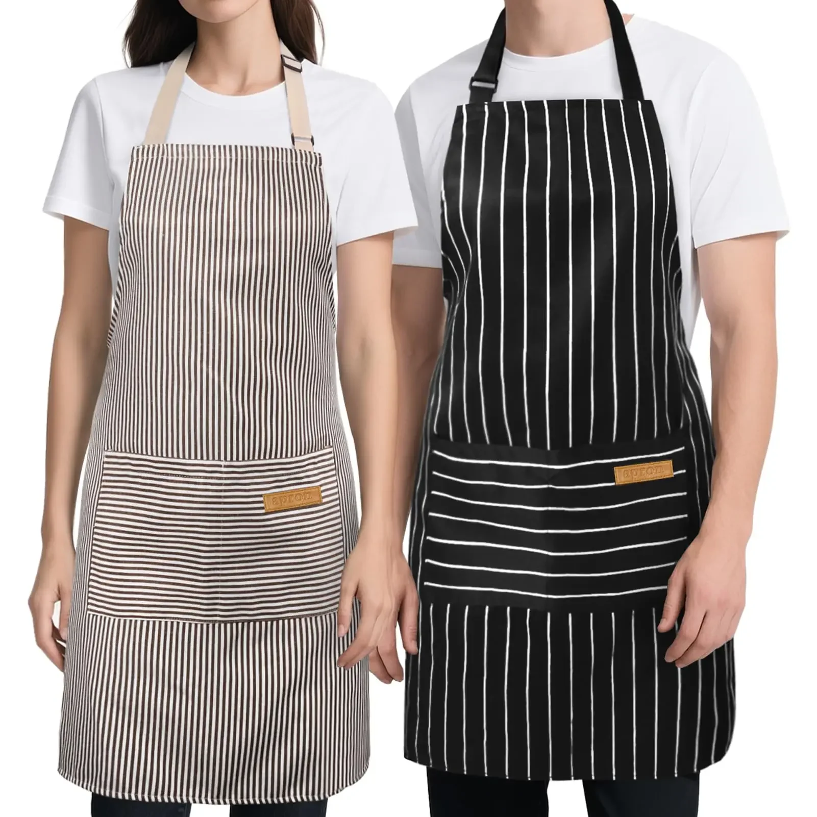 2 Picks Unisex White Black Striped Work Apron Adjustable Neck Strap Oil Repellent for Home Kitchen Restaurant Baking Nail