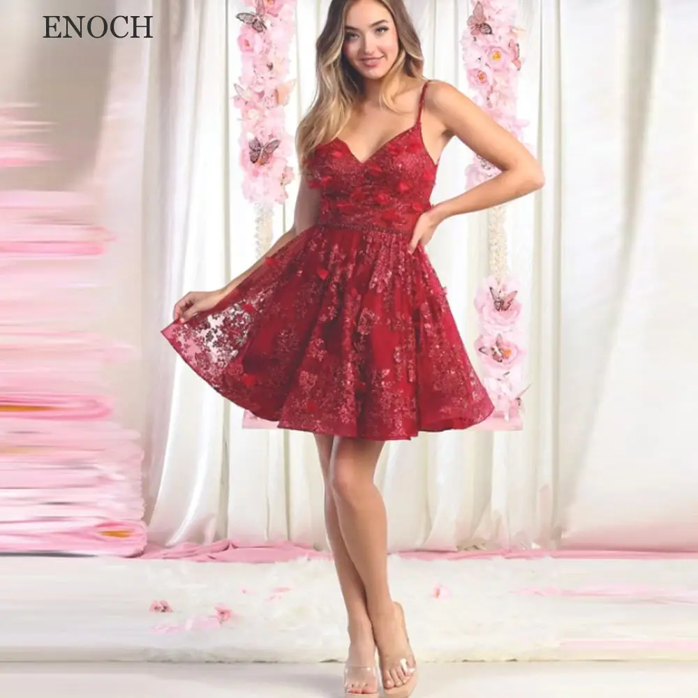 

ENOCH Mini V-Neck Tulle Homecoming Dresses Lace Appliques Party Dresses Beach Open Back Vestidos De Fiesta High Quality Summer