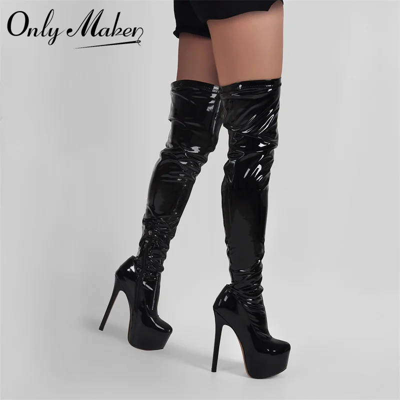 Onlymaker Women Black Over The Knee Boots Patent Leather Thin High Heel Zipper Female Winter Sexy Lady Boots