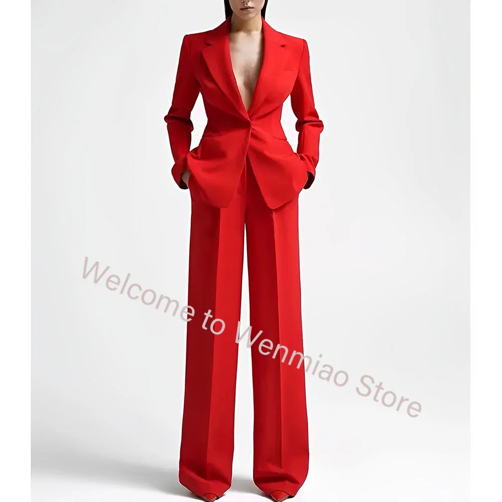 Fashionable Mom Dress Formal Suit for Women\'s Jacket Pants 2 Piece Set Red Blazer Ladies Business Workwear