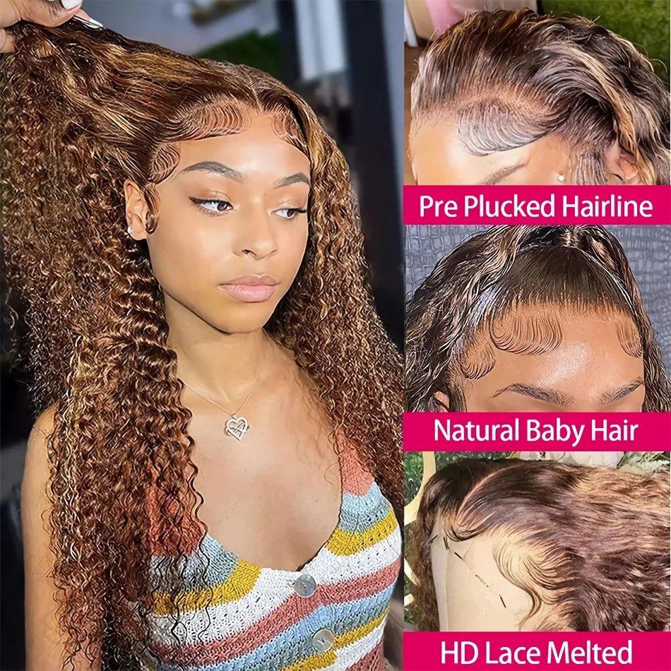 Curly HD Lace Frontal Perucas para Mulheres, Onda Profunda, Destaque, Ombre Colorido, 100% Cabelo Humano, Escolha, 13x4, 4, 27, 30, 40 Polegada, 13x6