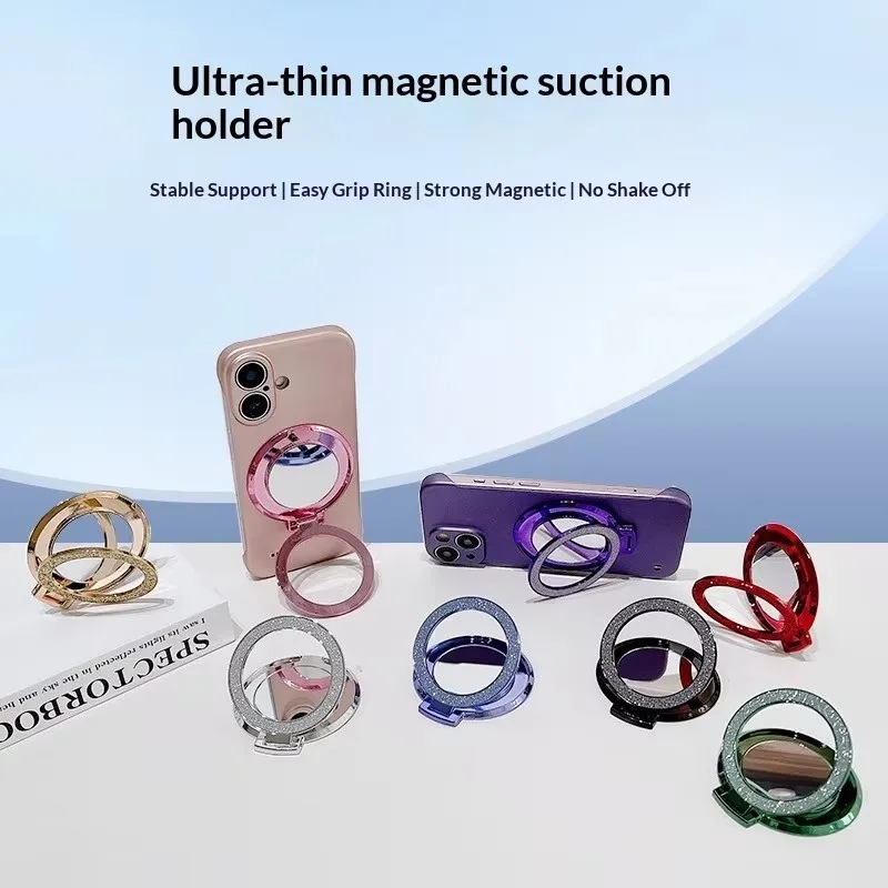 携帯用磁気グリッター付きスマホグリップ、粘着式スタンド、化粧ツール、女の子、女性、外出先でのメイク、自撮り、旅行必需品