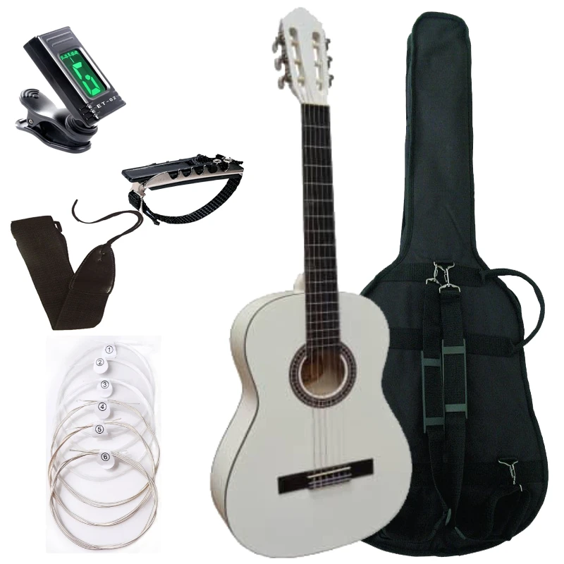 Quality Spanish Classical Guitar Set White and Quality with Accessories Case Strap for Strings Cejels Size 4/4 Adult Use from 10 Years and up