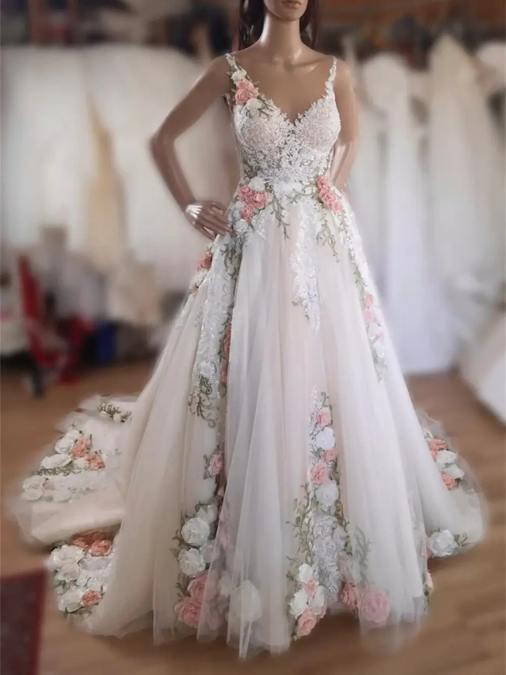 Abiti da sposa da sposa con applicazioni floreali 3D senza maniche con scollo a v in Tulle abiti a trapezio per le donne festa di nozze sera occasione formale