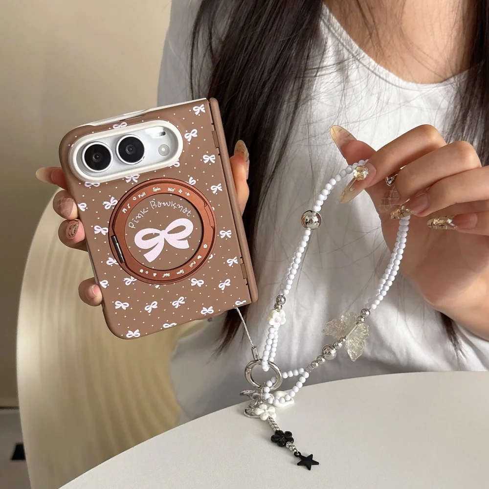 Korean Ins Sweet Bow Brown Magnetic Phone Case for iPhone Duo Cover with Magsafe Holder, Retro Shockproof Protection Set Fashion