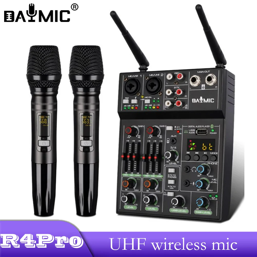 AOSHEN R4 Pro 2 Channels UHF Wireless Microphone With Mixer Mini 4 Channel Karaoke Audio Mixer System For Live Recording