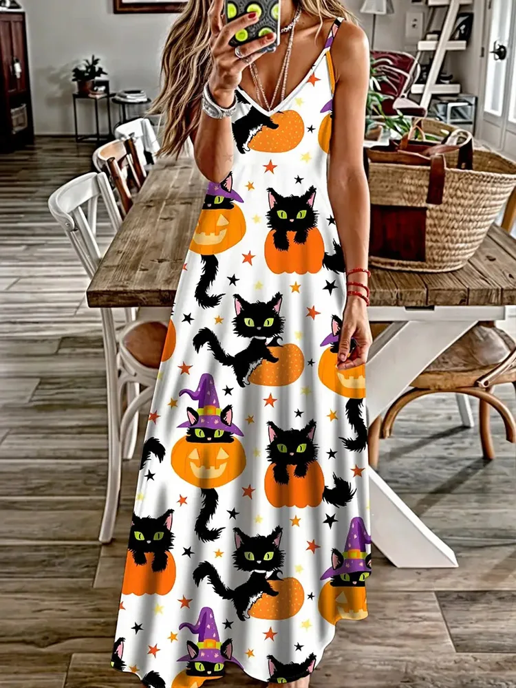 Halloween Horror Pumpkin Atmosphere Print Sexy Strap V-Neck Dress Summer Festival Party Sleeveless Dinner Long Evening Dress