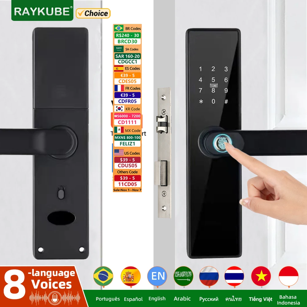 NEW RAYKUBE H4 Tuya Electronic Lock Wifi Smart Door Lock Fingerprint Lock Password IC Card Key USB Charge For Smart Home