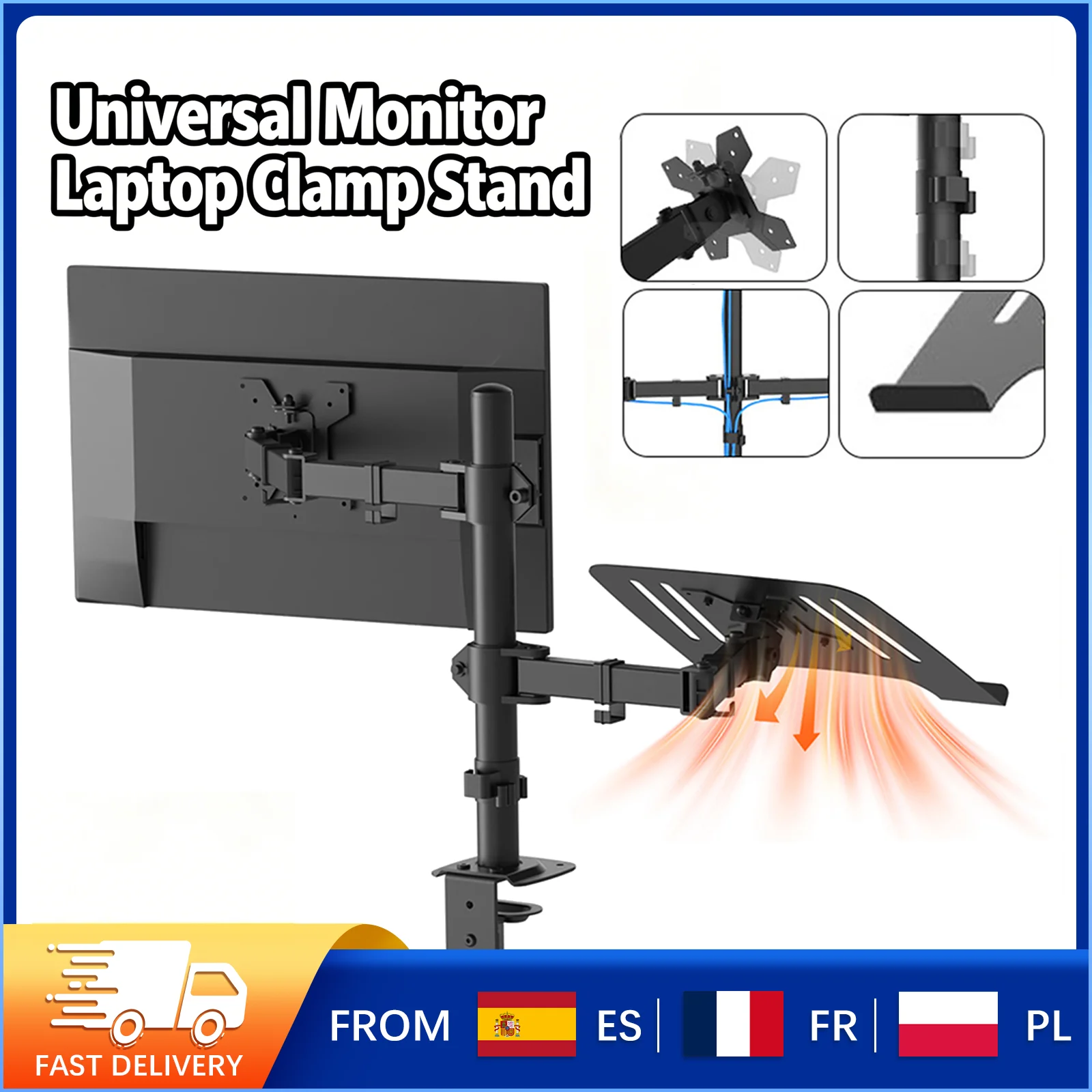 Soporte Ergonómico para Monitor y Portátil, Tipo Abrazadera, Giratorio, de Acero Laminado en Frío, para Monitores de 13-27 Pulgadas y Portátiles de 17 Pulgadas