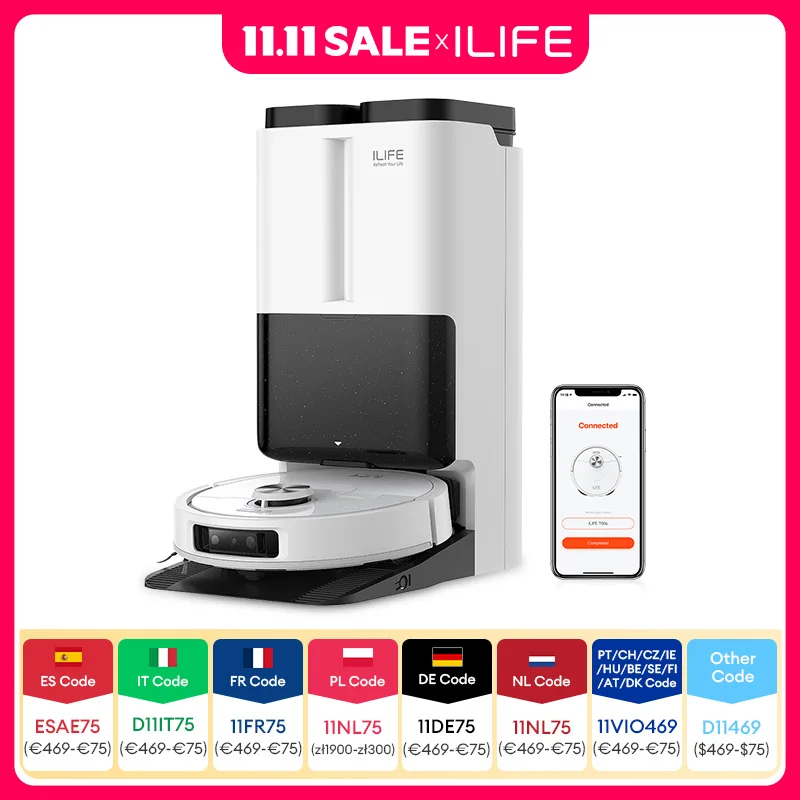 مكنسة روبوت ILIFE T60s مع محطة ذاتية الكفاءة لتجفيف الهواء الساخن، وجمع الشعر، وغسيل تلقائي، وAI وLDS، ورفع الممسحة التلقائية #1