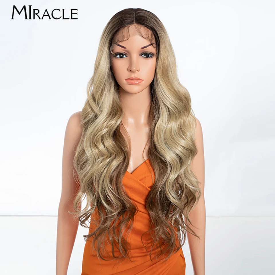 MIRACLE Synthetic Lace Front Wigs For Women 28\'\' Body Wave Lace Wig With Baby Hair Ombre Blonde Cosplay Wig Heat Resistant