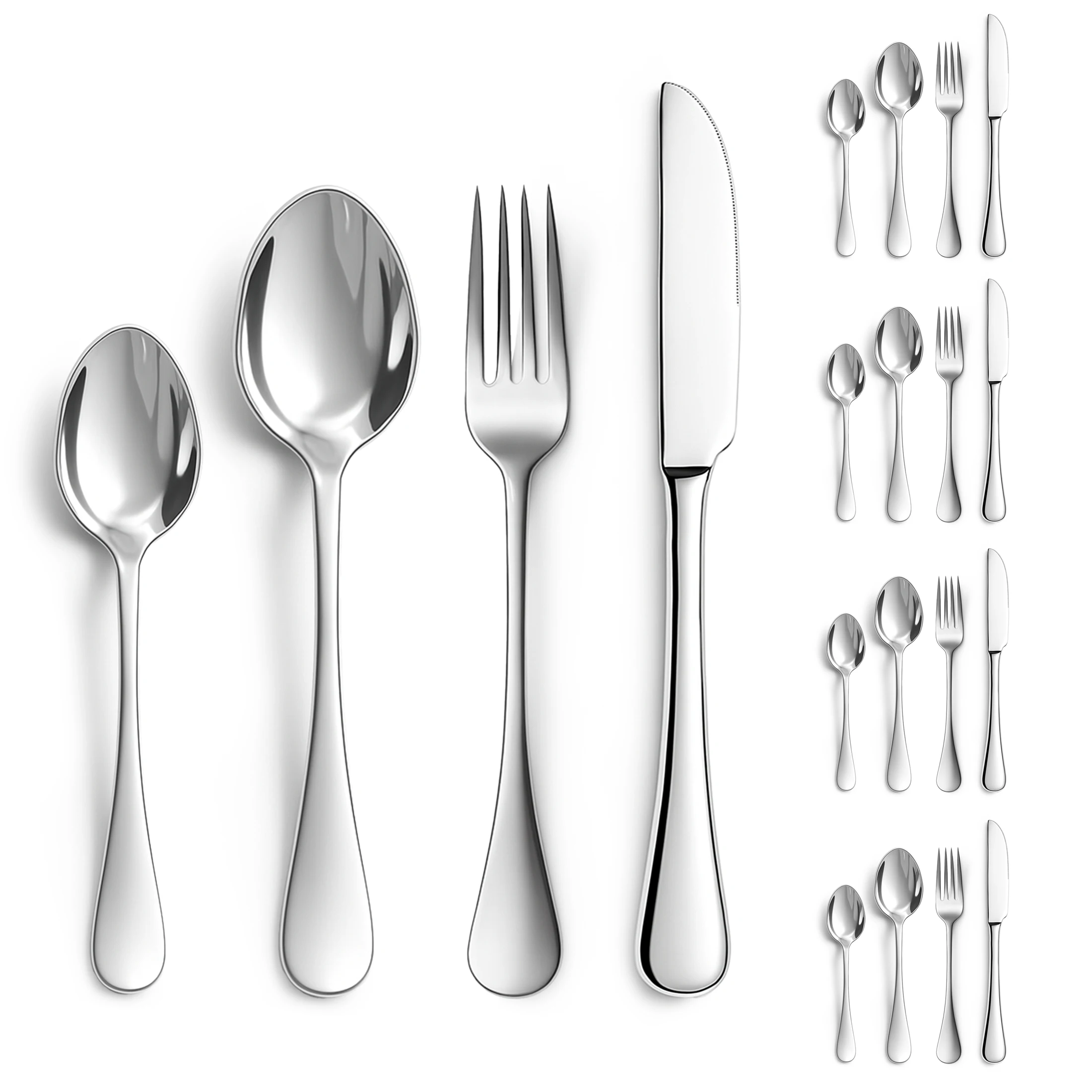 Set 24 Piezas Cubiertos para Mesa Plateado, 6 Cuchillos de mesa, 6 Cucharas de Sorapa, 6 Tenederos de mesa y 6 Cuchara de postre