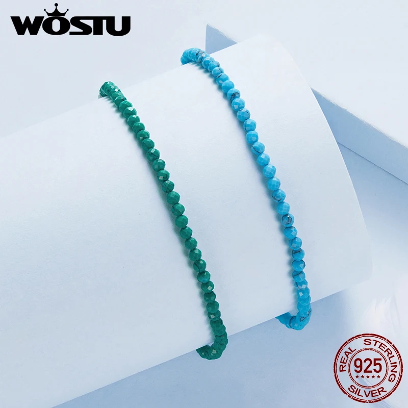 WOSTU 925 Sterling Silver Synthetic Blue Green Turquoise Bracelet For Women Girl Birthday Party Daily Gift Fine Jewelry FNB204