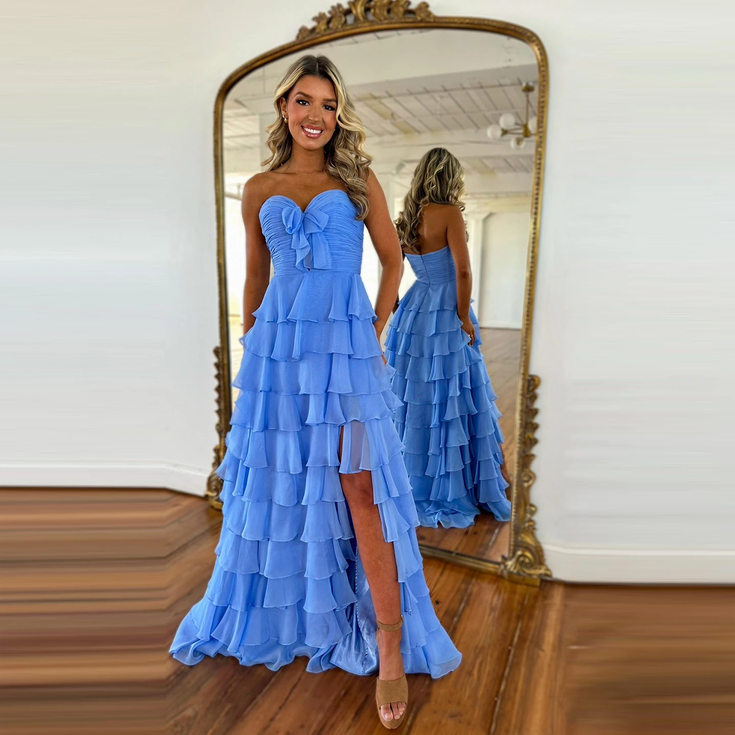 

Sharon Said Blue Chiffon Strapless Tiered Ruffles with Slit Bow Long Women Birthday Party Gowns SH365 Customized