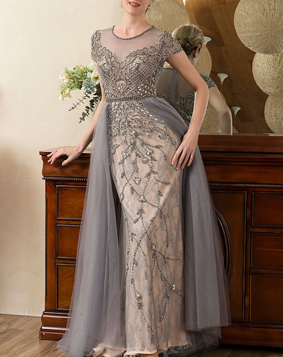 Luxurious Elegant Satin Beaded Tulle Evening Dress A Line Short Sleeve Mother of the Bride Dress Lace Applique Prom Party Gown