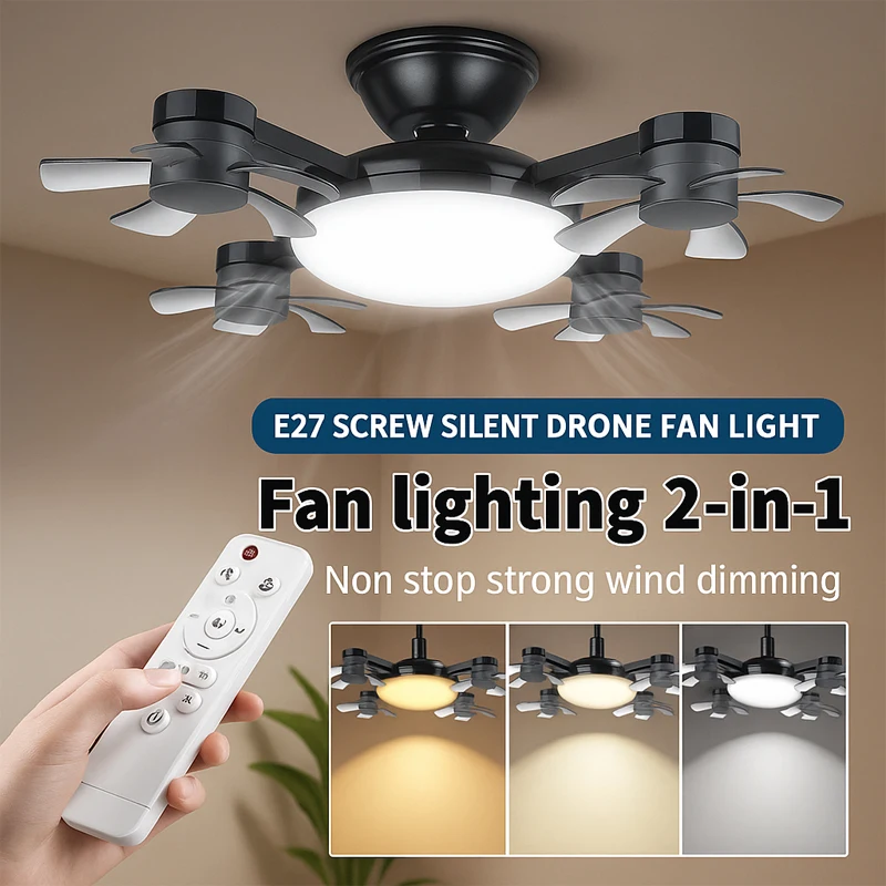 Luz de ventilador de Dron E27 moderna con Control remoto, viento de 3 velocidades/LED regulable de 3 colores/lámpara de techo silenciosa para dormitorio