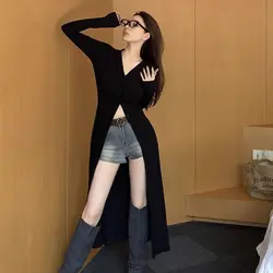 Spring and summer long thin design sense small temperament black V-neck long-sleeved coat cardigan top