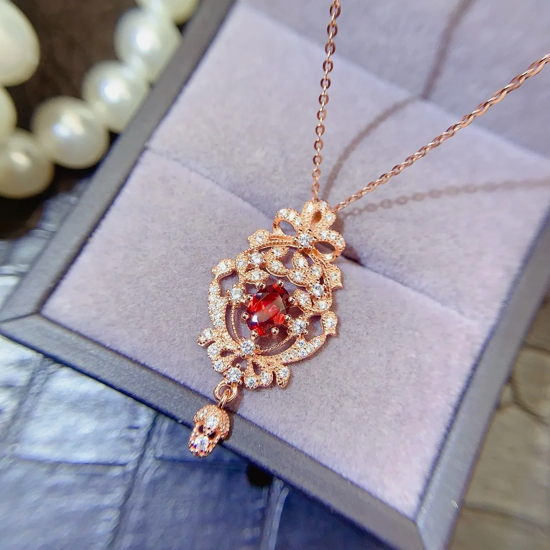 Boutique Jewelry Women's Natural Gemstone Pendant Necklace 925 Pure Silver Plated 18K Rose Gold Red Garnet Style Gift Girlfriend