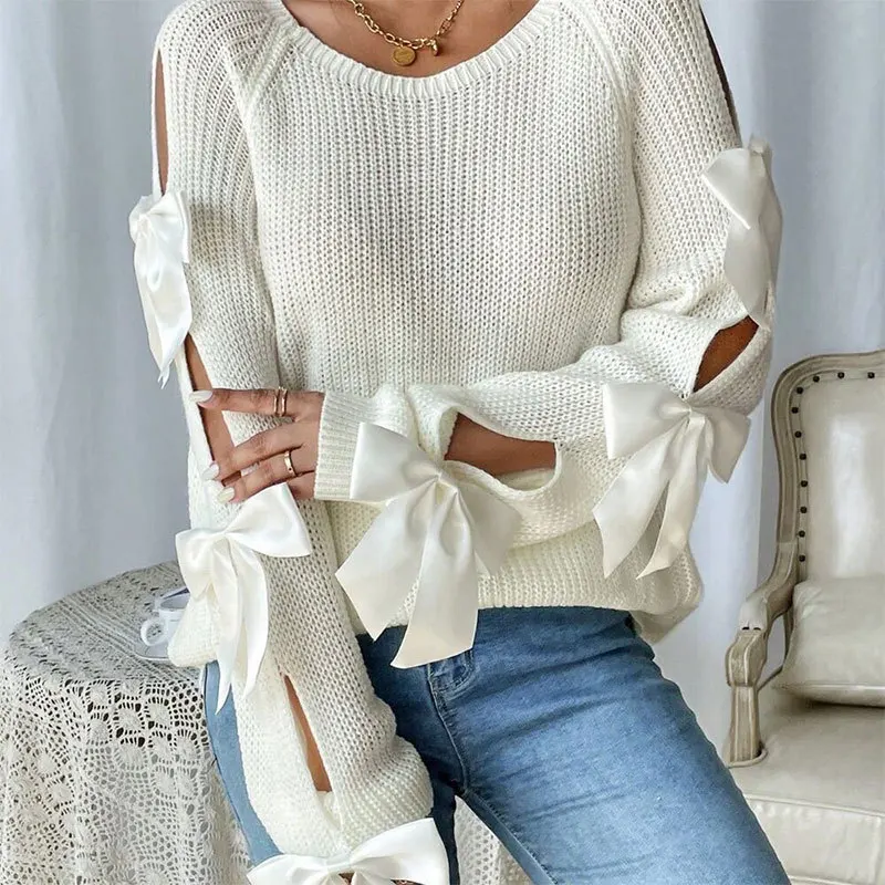 

Autumn Winter Casual Fashion Long Sleeve Bow Sweater Women Knit Tops Jumper Pullover Female Sexy Jacket Outfits Knitwear