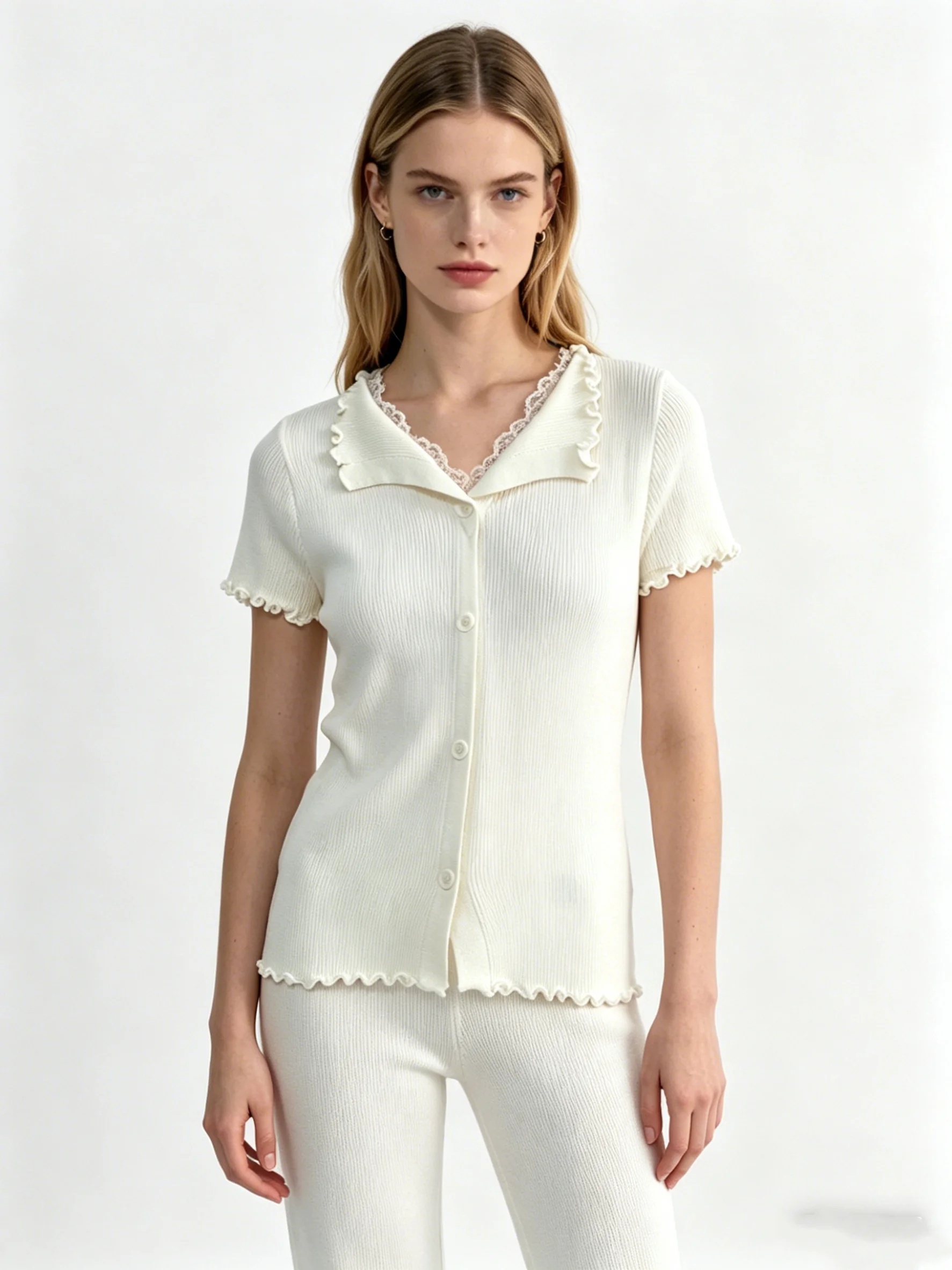 

Women's Lace Trim Knit Top Short Sleeve Button down Ribbed Blouse Casual Elegant White Summer Shirt for Daily Wear