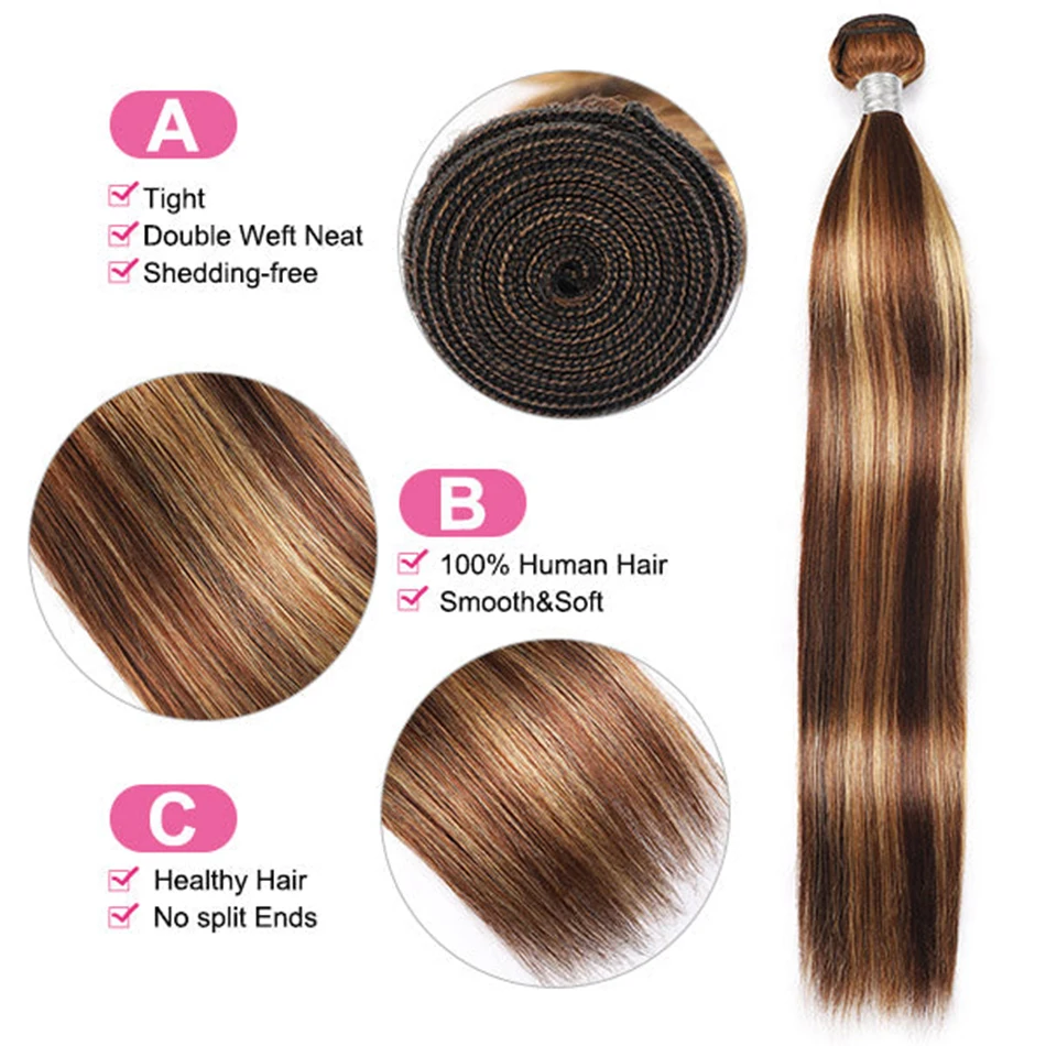 Cabelo humano virgem brasileiro tece, Pacotes de loira reta, trama dupla, Honey Blonde, destaque, 3 Pacotes, P4, 27