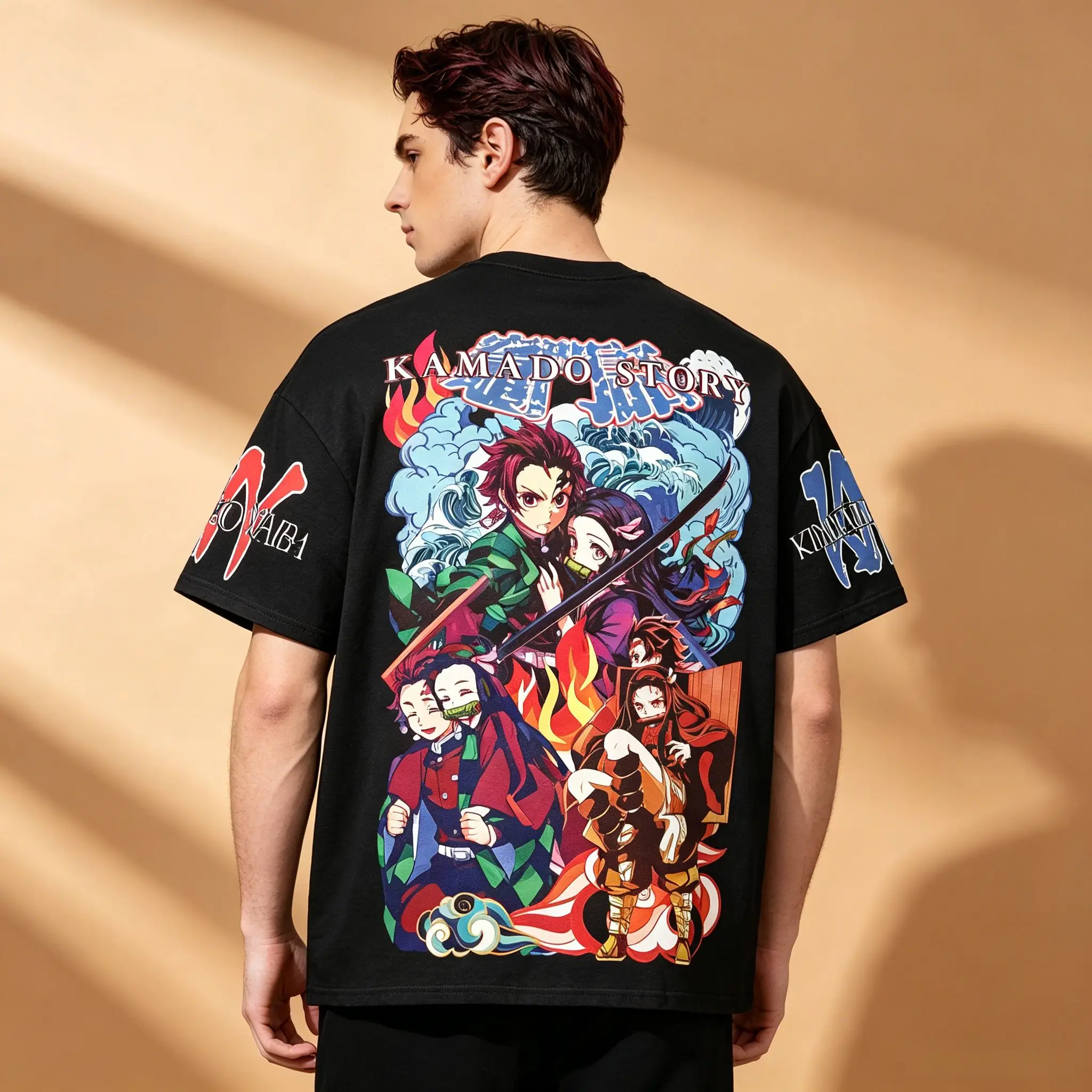 Men's Demon Slayer Kamado Family Front Back Matching Graphic T-Shirt, Tanjiro Nezuko Anime Otaku Streetwear Short Sleeve Casual