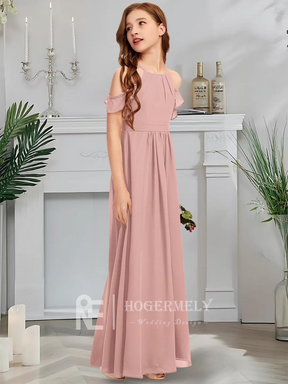 Детское платье подружки невесты с лямкой на шее, детское платье с цветочным узором в виде розы для девочек, шифоновое платье длиной до пола с каскадными оборками на свадьбу