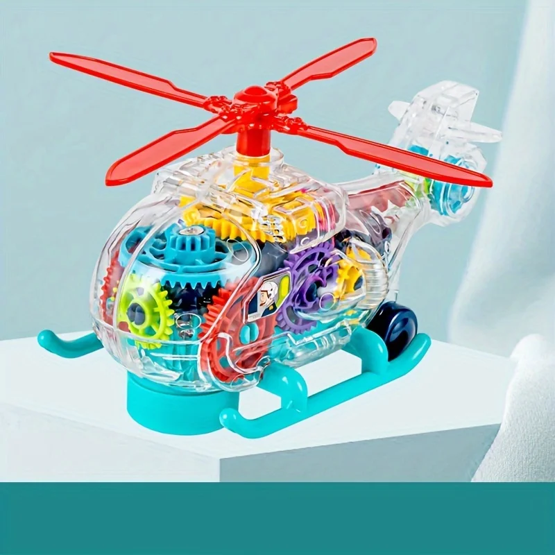 Transparent Electric Gear Helicopter Toy with Flashing Lights and Music, Electric Gear Locomotive Toy, Mechanical Learning Toy