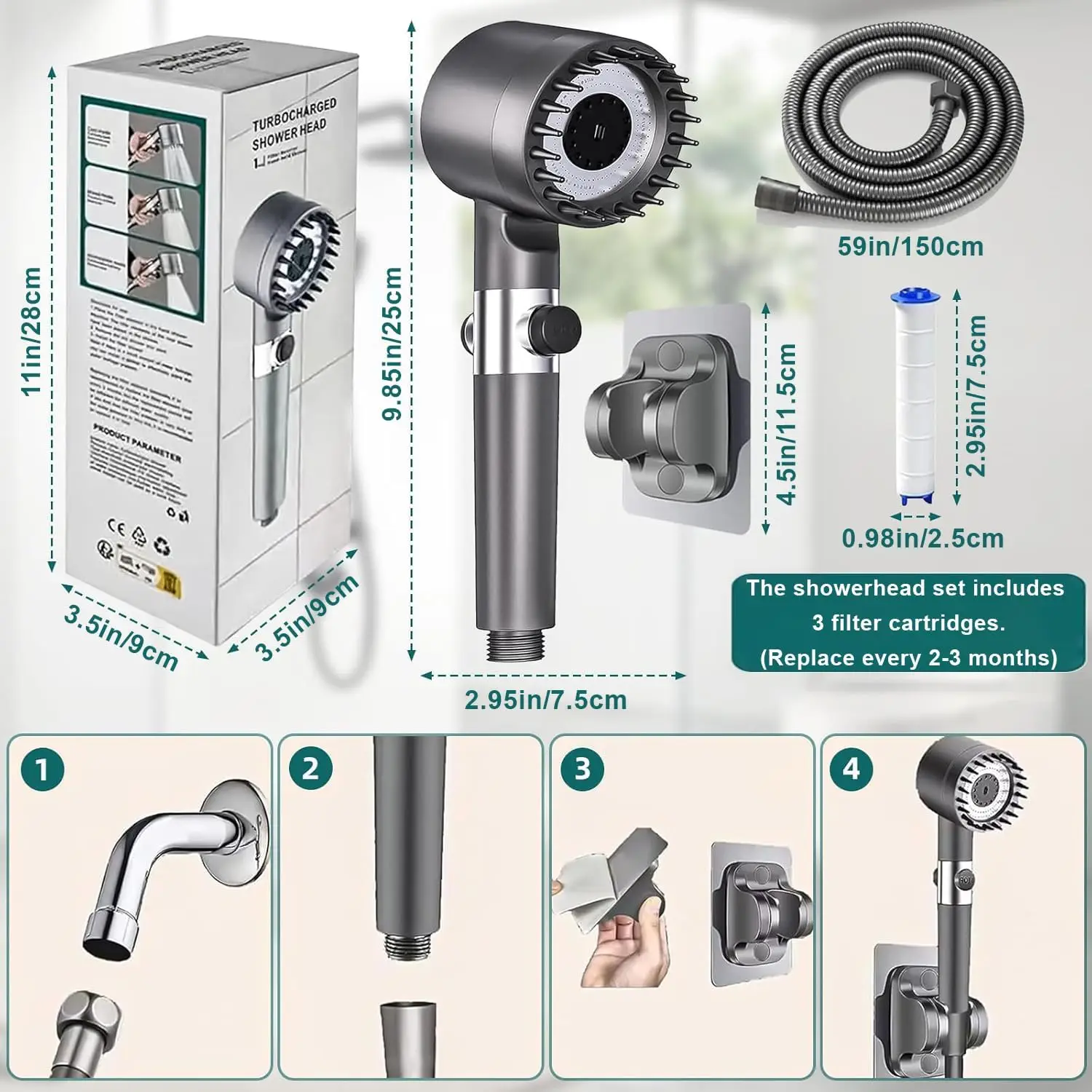 High Pressure Shower Head, High Power Shower Head and Hose with 4 Filters, 59 Inch Hose and Bracket, 4 Spray Modes and Pause Switch, Shower Head