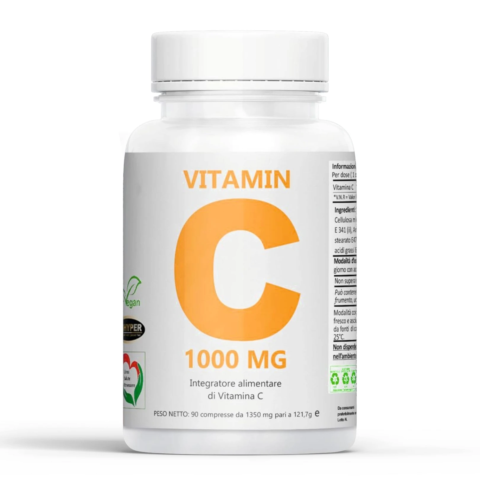 Hyper Suplemento Vitamina C 1000mg - 180 Comprimidos - Suplemento De Defensa Imune con Función Antioxidante - Vit C Puro Alta Dosificación - Vitaminas Cabello - Productoras en Italia