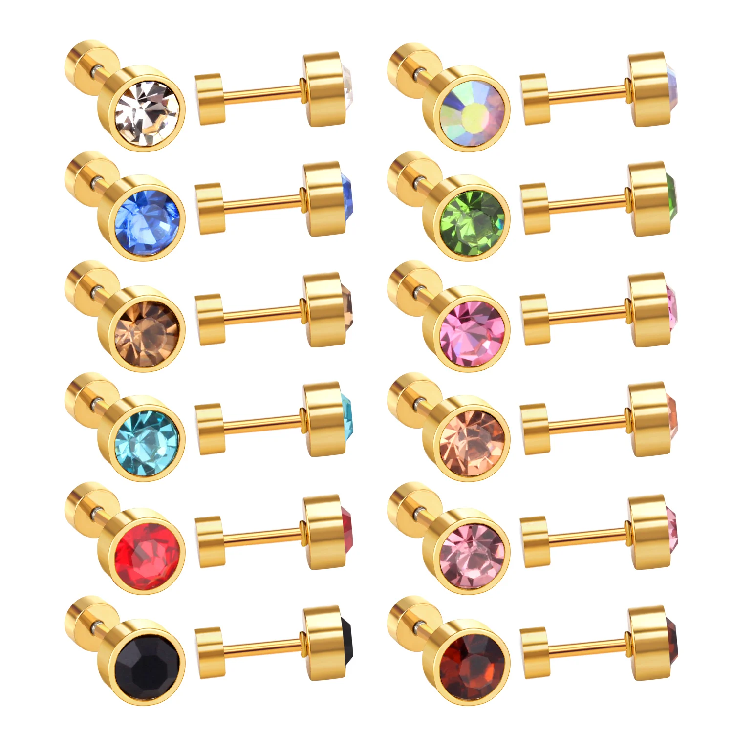 Großhandel 12 Paare/Lots 3-6MM runde Edelstahl-Ohrringe mit Zirkonia-Schraubverschluss, bunte Ohrstecker für Mädchen, Schmuck – Detail 4
