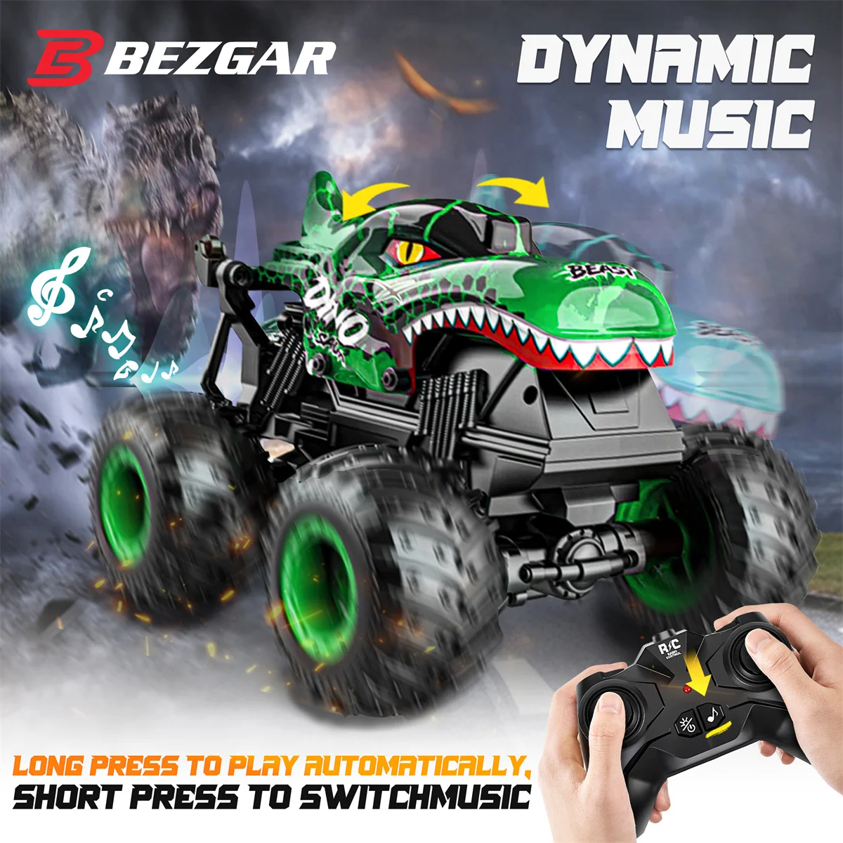 Monster Truck Toys - zdalnie sterowana Monster Truck ze światłem i muzyką, zabawki dinozaurów dla dzieci, zdalnie sterowana ciężarówka w skali 1:20 z 360° °   Spin