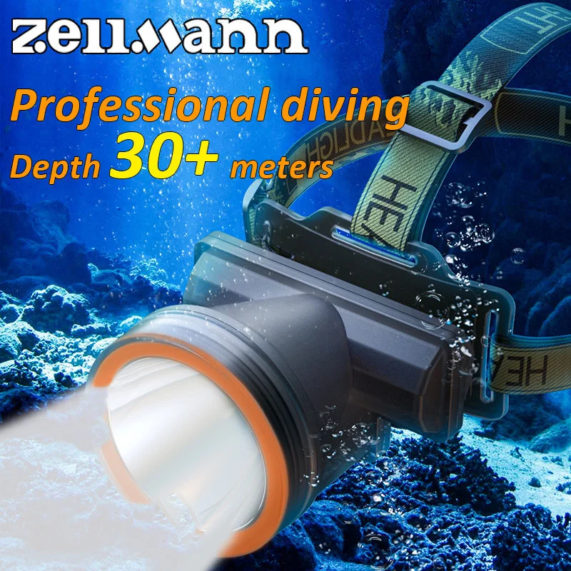 

Налобный фонарь Zellmann 21700 для дайвинга, 30 м+, профессиональный водонепроницаемый подводный фонарь, снаряжение для подводного плавания