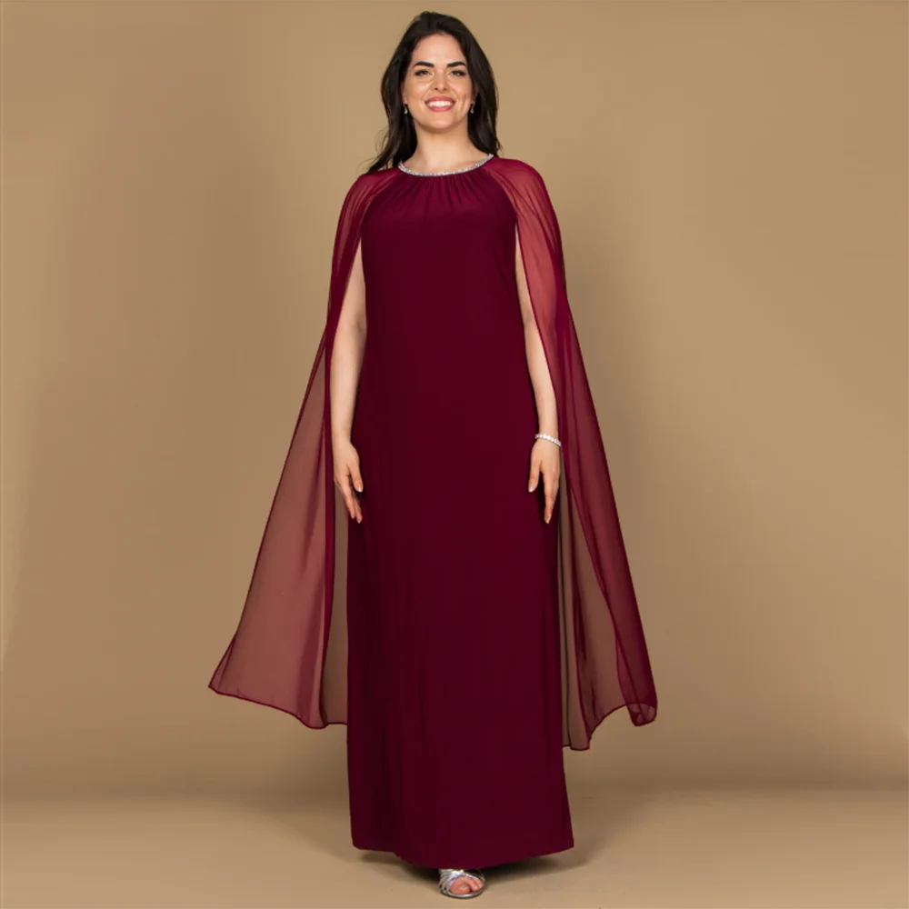 

Elegant Burgundy Chiffon Evening Dresses Crystals O Neck Long Cape A-Line Ankle Length Formal Prom Party Gowns Plus Zise