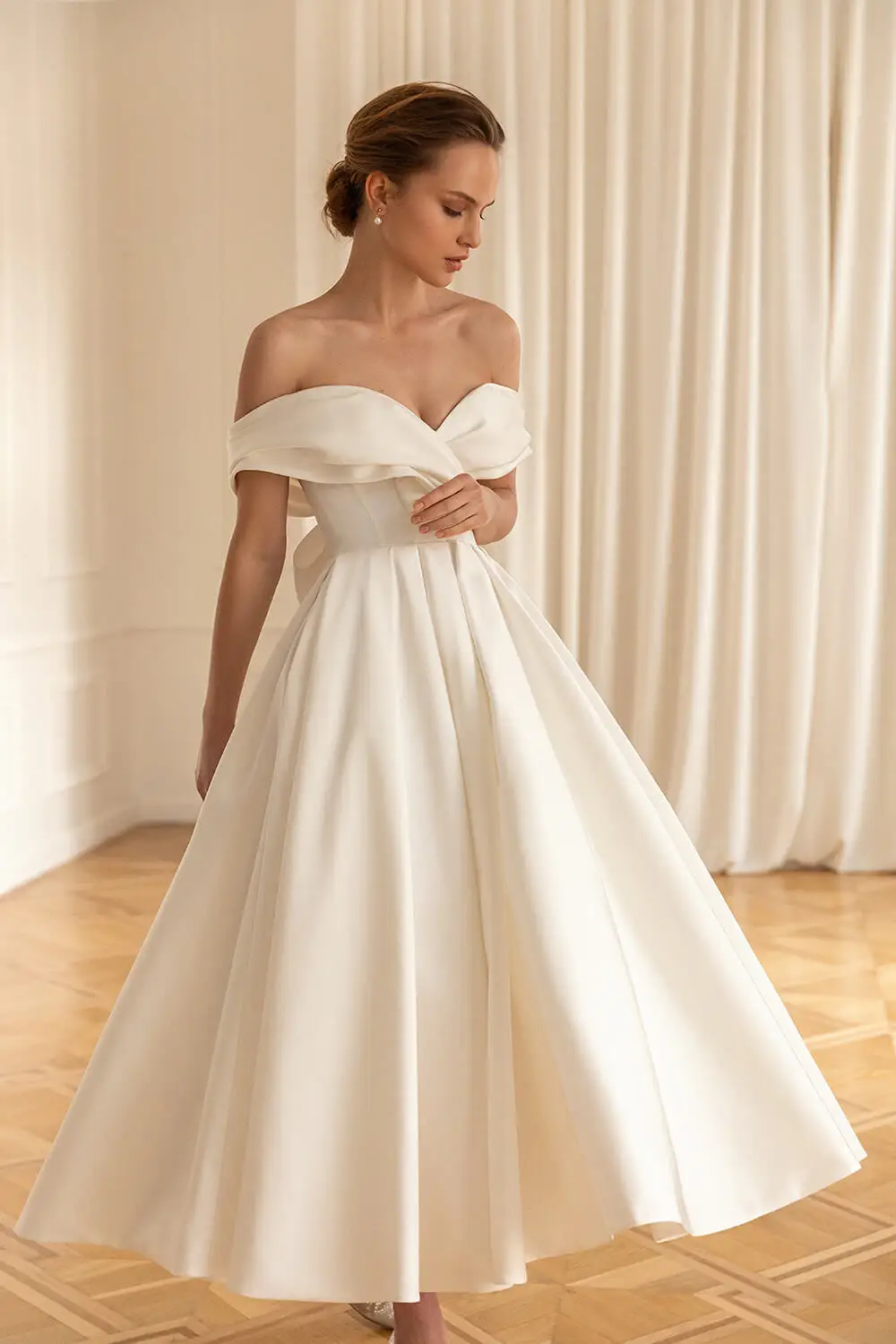 Para Mujer-Robe de mariée chic courte, col de la présidence à l\'initiative, jupe VolAcquisMidi, élégante éducative, grand nœud en satin, WW8269