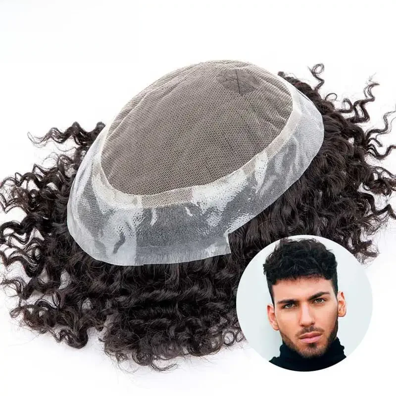 Australië Toupetje Haar Mannen Krullend Haar Systeem Voor Mannen Pu Huid Kant Mannen Pruik Natuurlijke Mannelijke Haarprothese Indian Human Hair Man Pruik - afbeelding 2