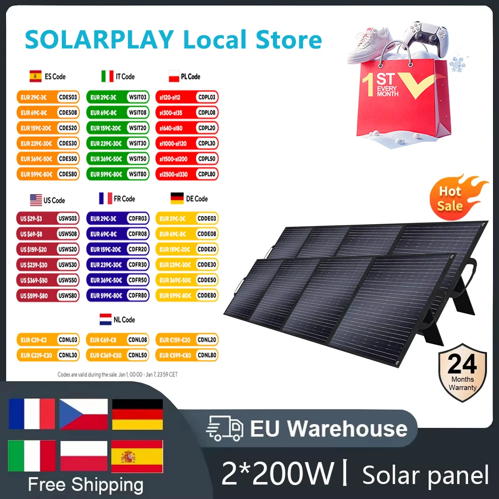 SOLARPLAY Foldable and Portable Solar Panel  400W (2*200w) Solar Battery Charger Outdoor Emergency Backup Power For Powerstation