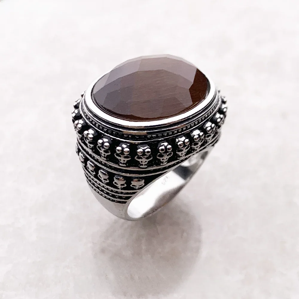 Pierścionek Tygrysie Oko i Czaszka 925 Sterling Silver Vintage Prezent dla Kobiet Mężczyzn Drobna Biżuteria — zdjęcie 2