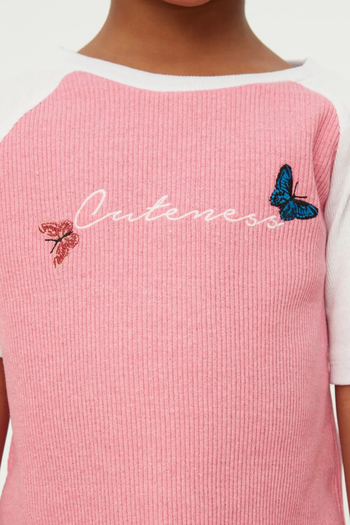 Pink Embroidery Detail Ribbed Female Child Knitted T-Shirt