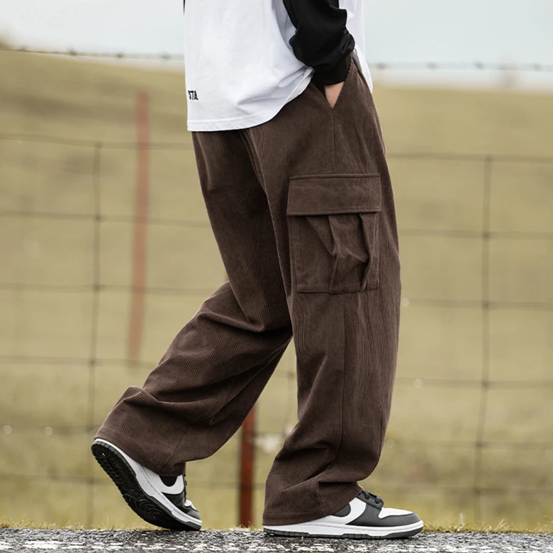 Men's and women's corduroy cargo pants straight waist banding with widegolden pants