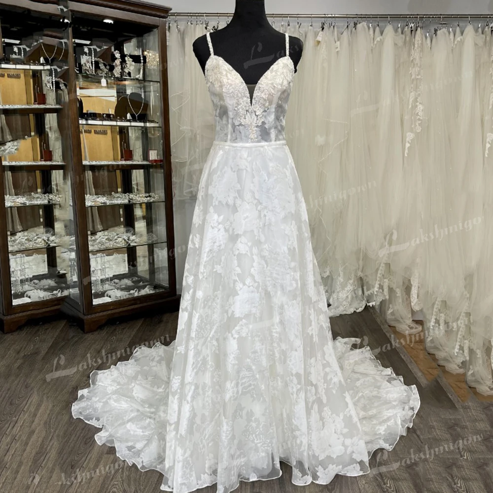 Vestido de novia bohemio elegante con cuentas de cristal, vestido de boda con tirantes finos, corpiño de ilusión de Organza, encaje, línea A, hecho a medida