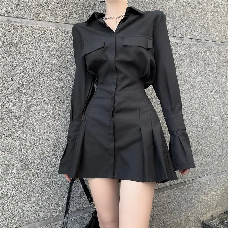 HOUZHOU czarna koszula sukienka damska elegancka sukienka w stylu Vintage z długim rękawem seksowna gotycka plisowana odzież uliczna skręcić w dół kołnierz codzienna szata — zdjęcie 2