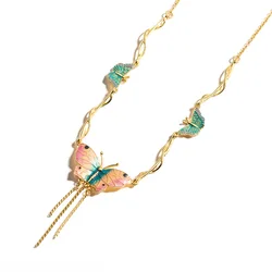 JUICY GRAPE Butterfly Necklace for Women's Exquisite Enamel Tassel Collarbone Chain 18K Gold Plated Wedding Party Boutique Jewel